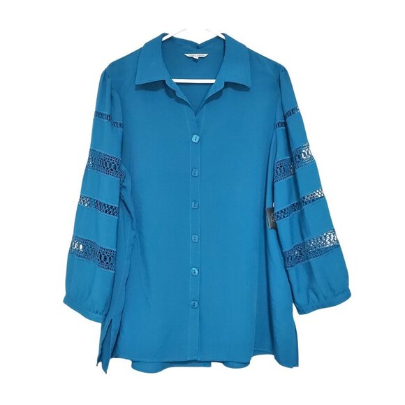 NWT John Mark Flowy Blue Panel Lace Collared Button Front Blouse - 1X - Picture 1 of 9